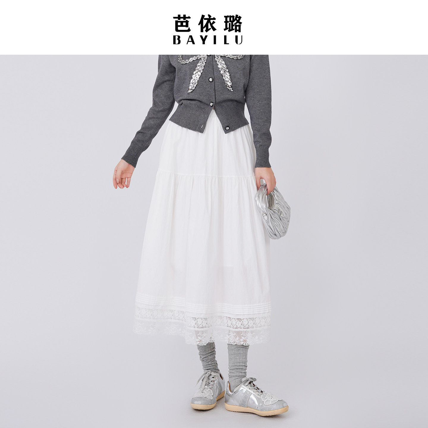 芭依璐半身裙2026春季新款时尚高腰法式蕾丝拼接A字百搭中长裙女
