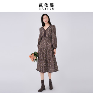 芭依璐连衣裙2026春装新品长袖V领女收腰显瘦透气荷叶边长裙子女