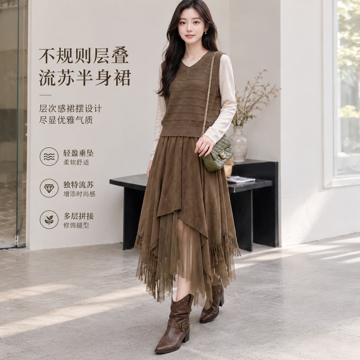 2026秋季洋气不规则流苏半身裙女