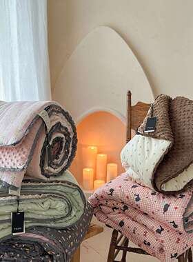 CELING秋冬新款一面全棉双层纱一面安抚豆豆绒双人小花边春秋冬被