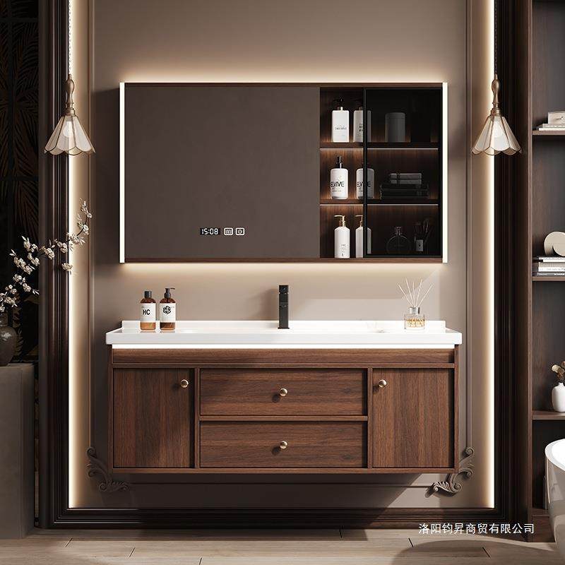 新款中古风胡桃木浴室柜组合卫生间陶瓷一体盆洗手洗脸池洗漱台面