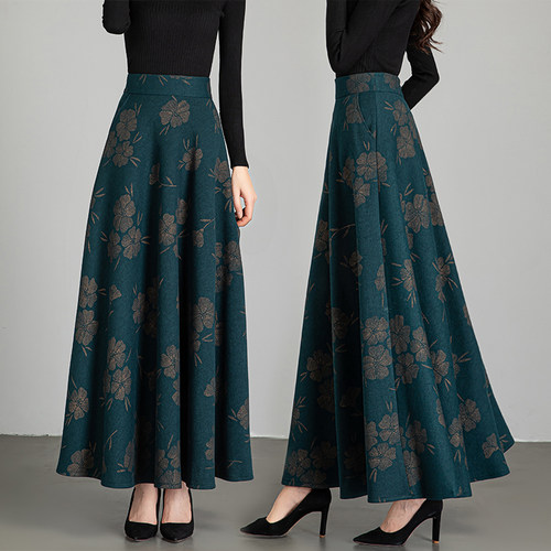 秋冬新款百搭A字长裙印花半身裙