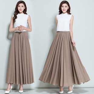 夏新款雪纺半身裙纯色大摆裙显瘦中长裙飘逸沙滩度假裙子a字长裙
