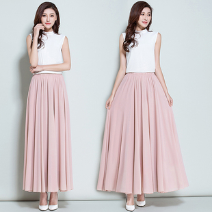 夏新款 高腰纯色大摆百褶裙海边沙滩裙 波西米亚雪纺半身裙长裙大码