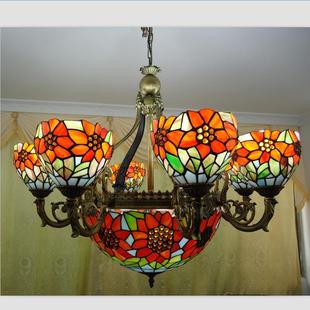 彩色玻璃蒂凡尼灯饰太阳花田园别墅酒店会所客厅大吊灯温馨