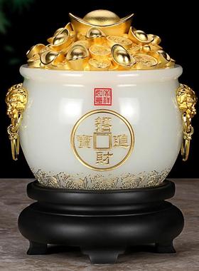 白玉聚宝盆高档琉璃工艺品摆件办公室桌装饰店铺开业礼品