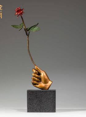 铜金岁月玫瑰枝鸟黄铜器工艺品手持玫瑰花树枝小鸟彩铜工艺品摆件