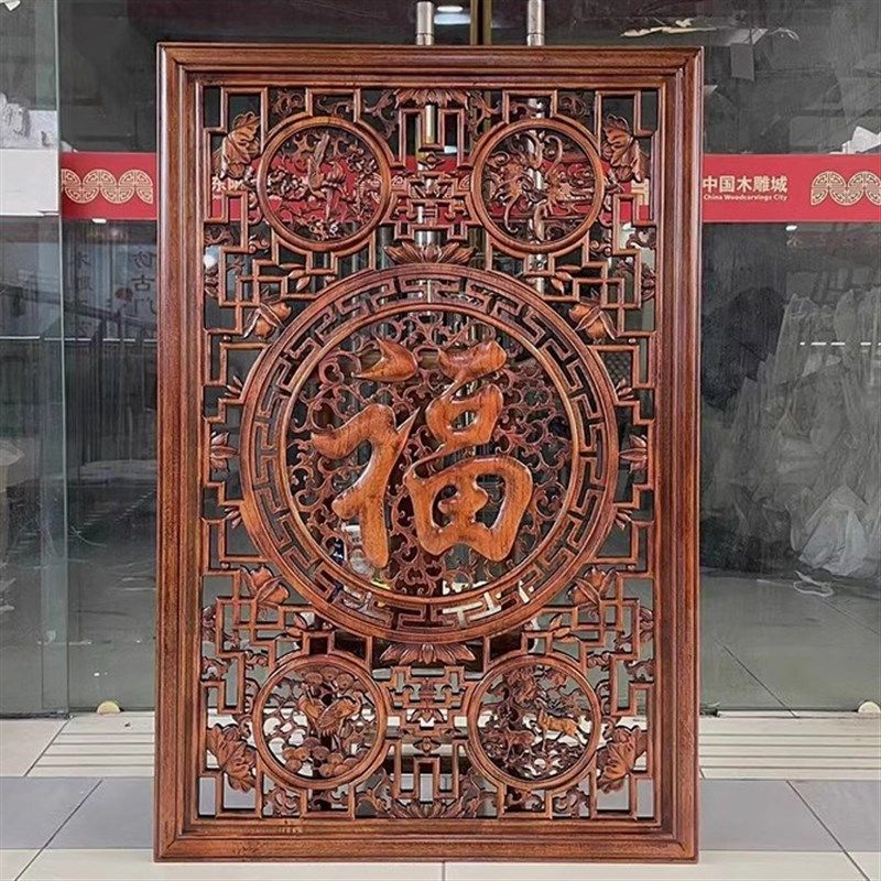 东阳木雕挂件中式玄关壁挂麒麟花窗竖屏实木香樟雕刻工艺品装饰画