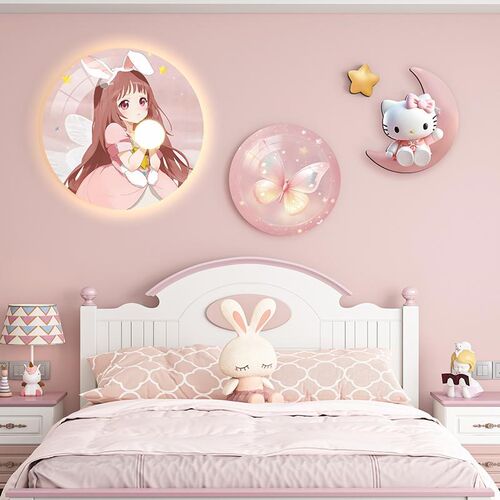 创意led氛围灯挂画儿童房卧室床头装饰画粉色女孩房间布置墙壁画