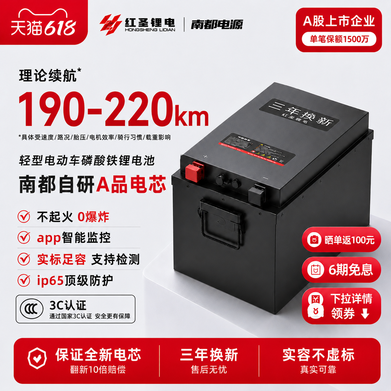 南都红圣磷酸铁锂电池72V80AH大容量三轮电动摩托车外卖长续航