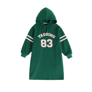 2025新款女童中长款连衣裙冬季中大童韩版加绒卫衣儿童一体绒