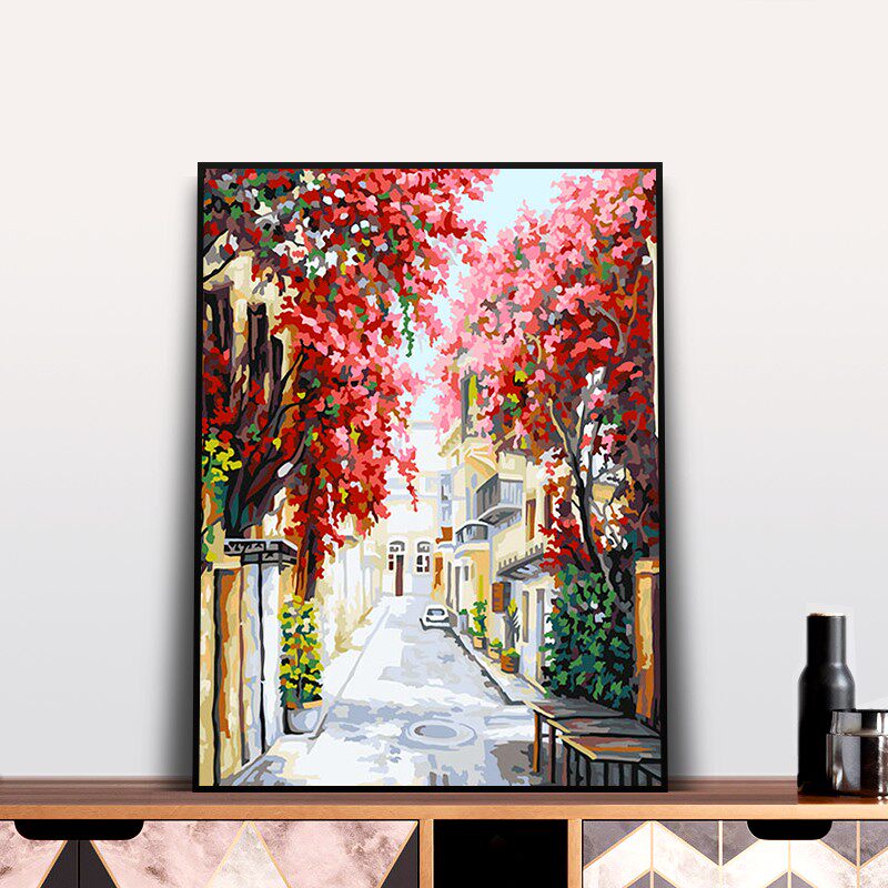 自油自画 diy数字油画 填色手工绘风景填充涂色油彩画画 花涧小街