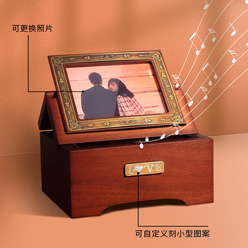 雕刻时光经典版相片音乐盒木质可刻字打印照片结婚生日礼物八音盒