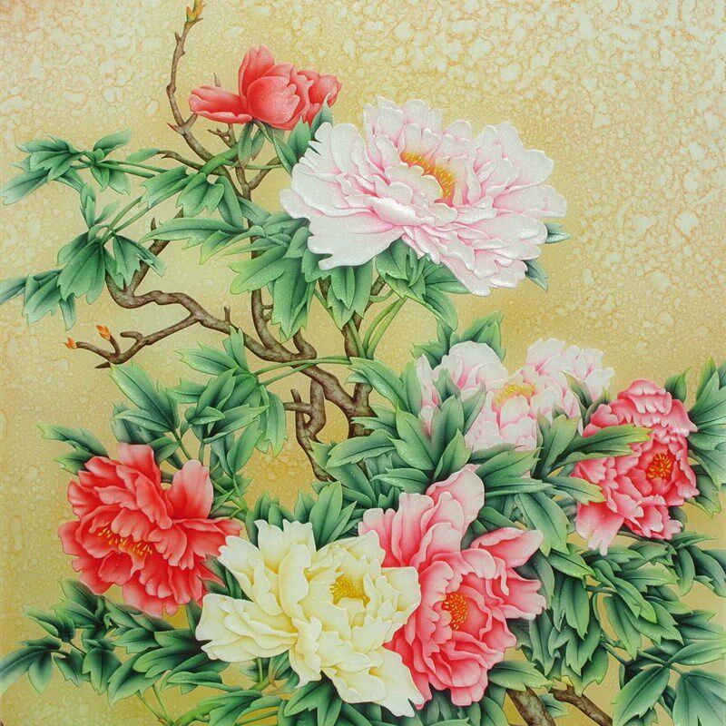 中式雕刻工艺术玻璃隔断玄关屏风透光电视背景墙富贵牡丹枝繁叶茂