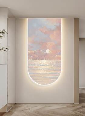 2024新款粉色大海法式奶油风入户玄关装饰画过道走廊客厅挂画壁灯