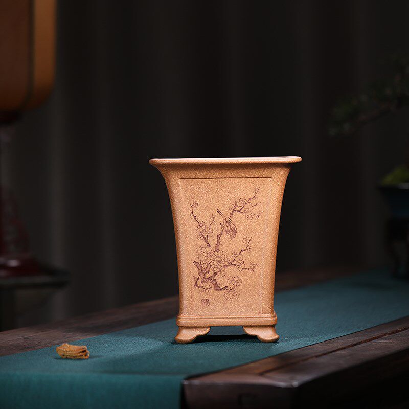 清香阁紫砂 许成安手工凹面云足四方盆 传统古典花器桌面兰花绿植