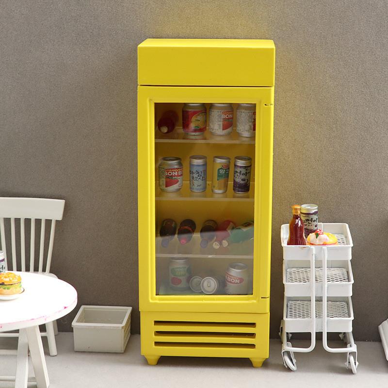 1:12娃娃屋dollhouse迷你家具木质冰箱商店微场景饮料彩色冰柜