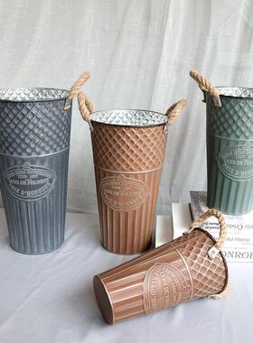 复古做旧花桶家居装饰插花桶干花落地摆放花瓶铁艺干花桶抱抱桶