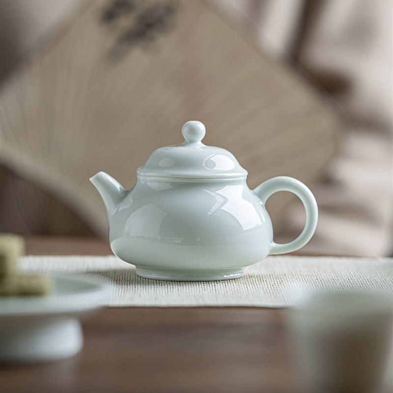 三点水影青小号茶壶功夫茶具陶瓷家用覆古带过滤中式泡茶壶冲茶器