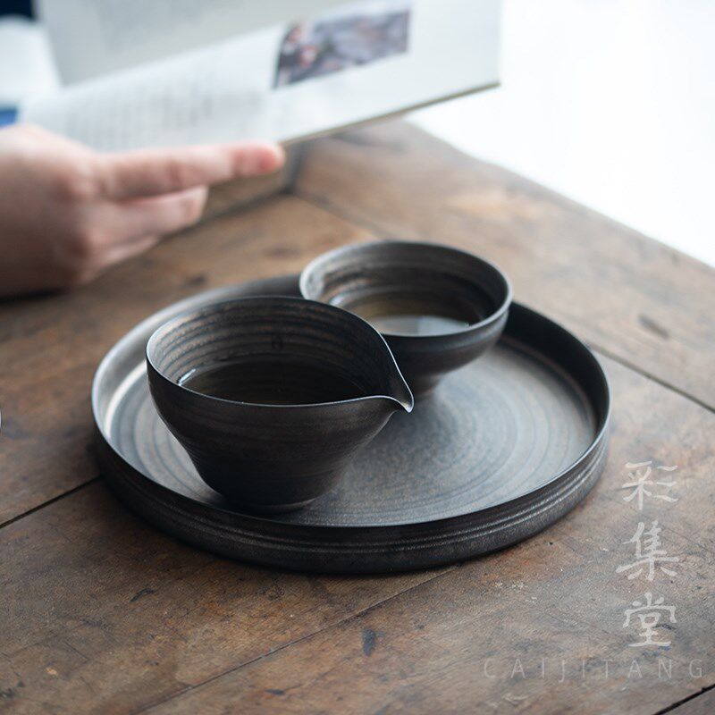 彩集堂 复古干泡盘 手工细作陶瓷鎏金茶壶承小型茶盘家用圆形托盘