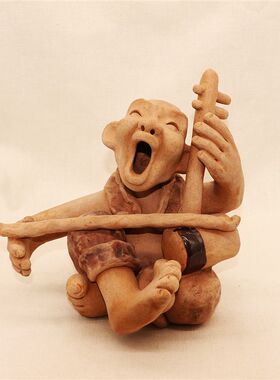 手工陶艺人物摆件 陶瓷人物 陶土摆件  酒店装饰 粗陶人物 拉二胡