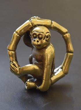 古董收藏品黄铜实心雕刻猴子滚环吊坠项链挂件老物件黄铜古玩杂项