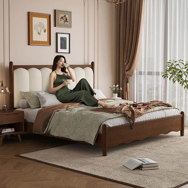 法式复古床中古风简约实木床主卧室1.8米双人床1.5米经济型波浪床