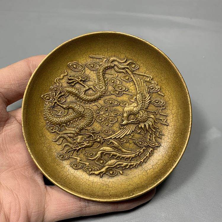 古玩杂项仿古铜器黄铜龙凤笔洗摆件铜盘铜碟乾隆年制工艺礼品收藏