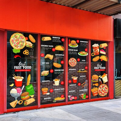美味菜单汉堡薯条披萨甜品快餐店餐厅橱窗玻璃拼贴膜装扮无胶静电