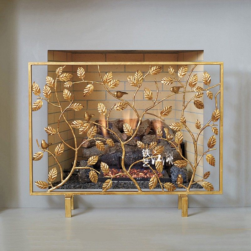 田园乡村铁艺金色落地壁炉隔断屏风带网新品取暖器装饰护栏火炉围