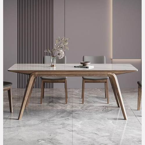 北欧亮光岩板餐桌实木白蜡木长方形家用餐桌现代极简小户型吃饭桌