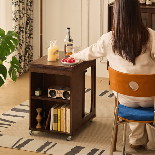 中古风实木带轮多层收纳边几推车