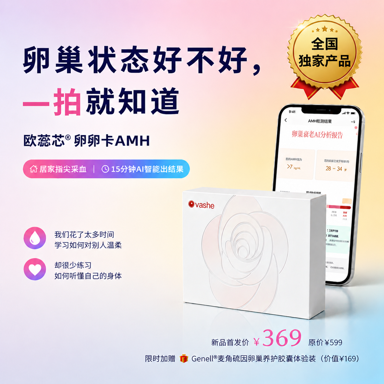 欧蕊芯 卵卵卡AMH检测试纸 居家自检 含GeneIII麦角硫因卵巢胶囊