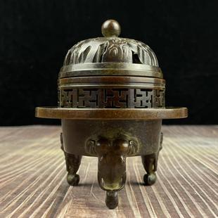 黄铜香炉紫铜色象足三层炉摆件熏香炉紫铜色复古香炉摆件佛堂熏炉