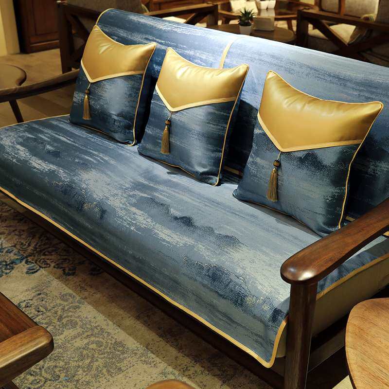 新中式沙发垫四季通用防滑实木布艺坐垫子现代中国风套罩笠巾