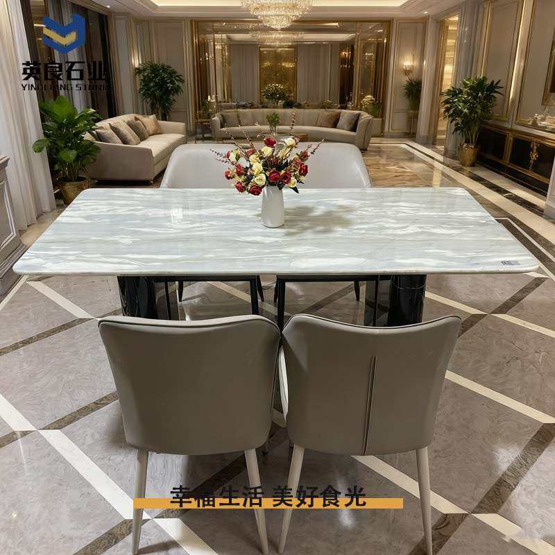 天然大理石长餐桌轻奢现代简约防渗透易清洁奢石饭桌家用宴会石桌