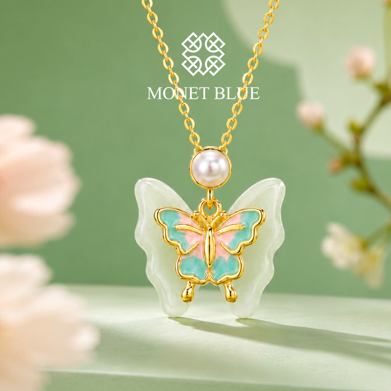 MonetBlue和田玉蝴蝶项链925银