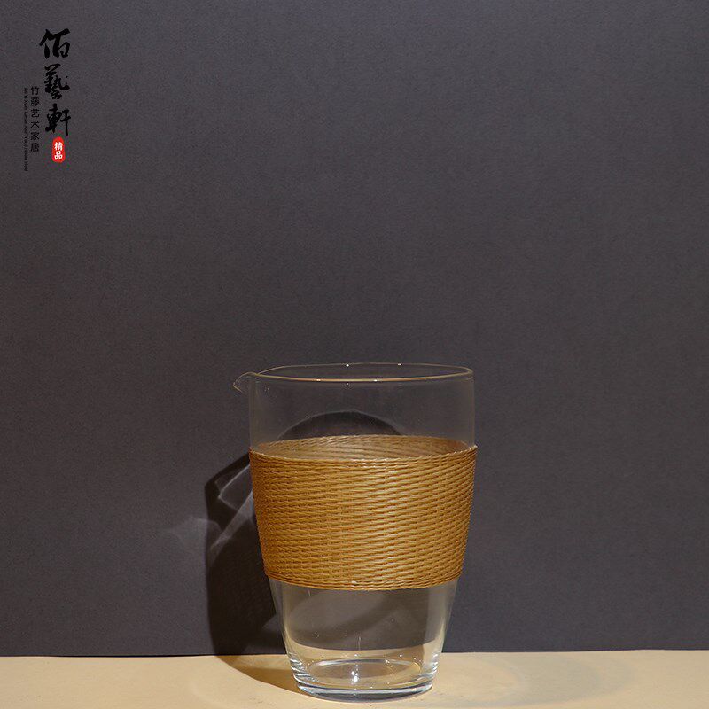 佰艺轩非遗竹编玻璃公道杯 竹编分茶杯 功夫茶具配件