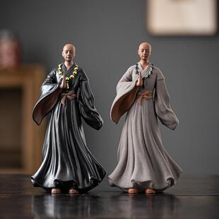 陶瓷小和尚禅意摆件新中式家居客厅茶室桌面装饰鱼缸假山造景