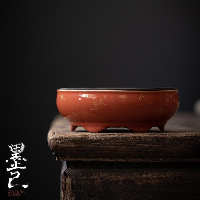 墨己 矾红仿古锡盖做旧壶承 文人干泡圆形陶瓷蓄水盘 茶道小茶盘