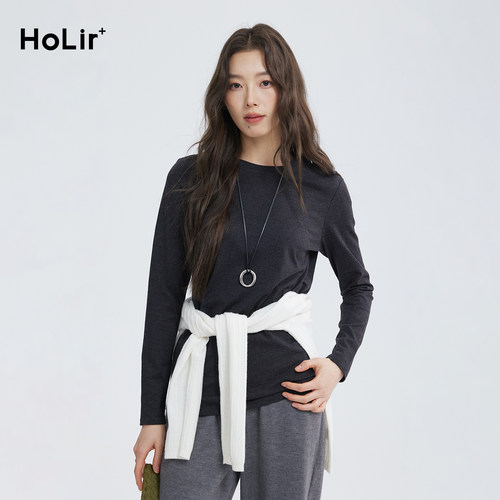 holir洪陵秋冬百搭圆机磨毛长袖圆领T恤7873