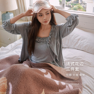 Dormorri躲梦里【安悦溪同款】灰云奶盖法式花边睡衣三件套家居服