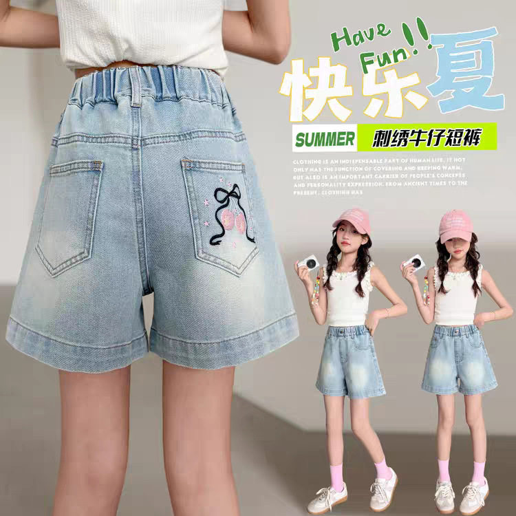 女童牛仔短裤中大童夏季新款儿童牛仔都安克百搭休闲洋气绣花短裤