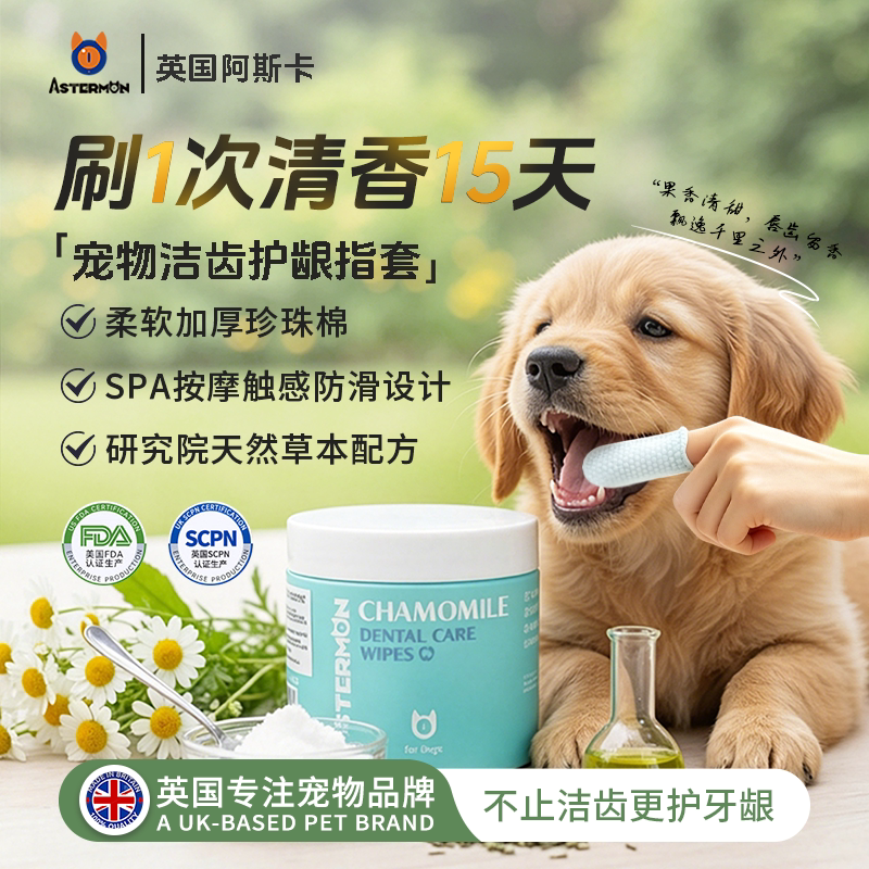 阿斯卡宠物洁牙指套清洁牙齿狗狗猫咪口腔清洁用品洗刷牙湿巾通用