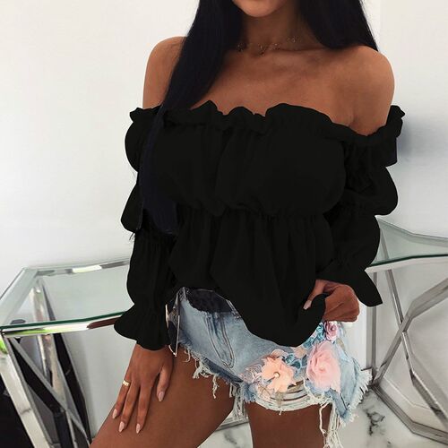 Womens Tops and Blouses Sexy Solid Color Off Shoulder Ruff S