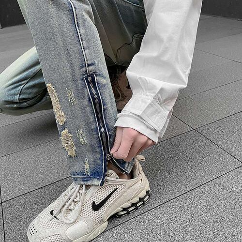 Steet tendy Ripped Leg Zipper Pants Yellow Mud Dyed Washed V