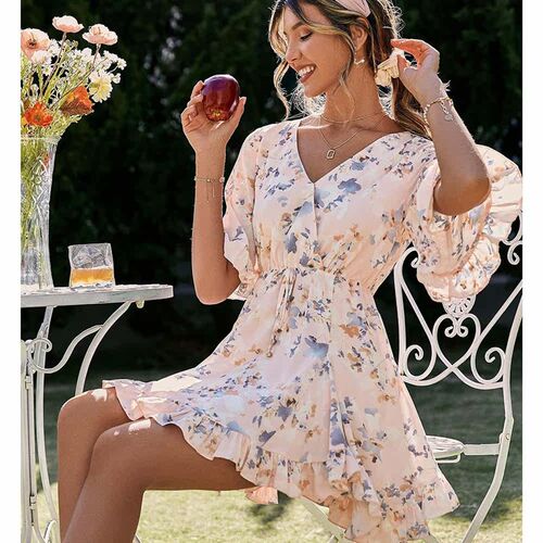 New Casual V-Neck High Waist frills chiffon Mini Dress Elega