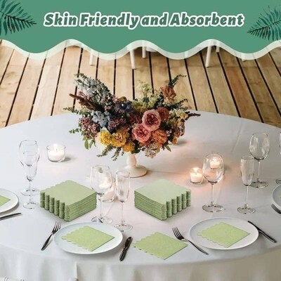 100Pcs Scalloped Sage Cocktail Napkins 2-Ply Disposable Pape