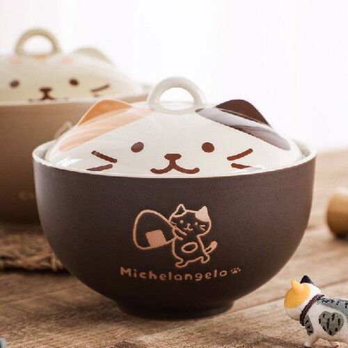 Cute Japanese Cat Ramen Bowl With Lid Ceramic Noodle Soup