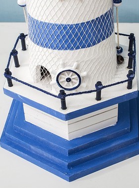 地中海风格蓝白条纹大号木质舵灯塔海洋灯塔瞭望塔家饰玄关装饰品